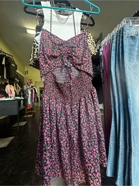 SHEIN Black & Pink Floral Smocked Midi Dress